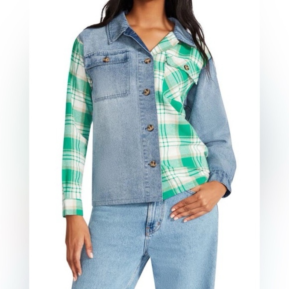 STEVE MADDEN Grunge Denim Flannel Mix Shirt Jacket In Denim Green Plaid Size XS